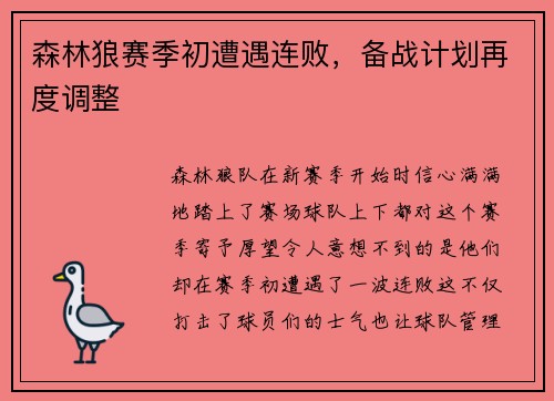 森林狼赛季初遭遇连败，备战计划再度调整