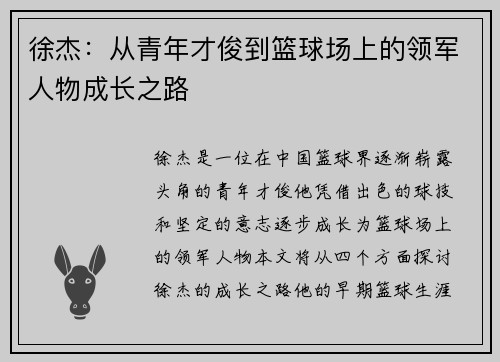 徐杰：从青年才俊到篮球场上的领军人物成长之路